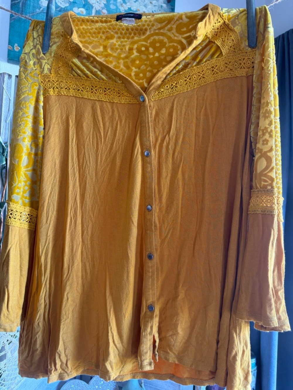 Cocomo Mustard Yellow Lace-Yoke Button-Front Women's Shirt